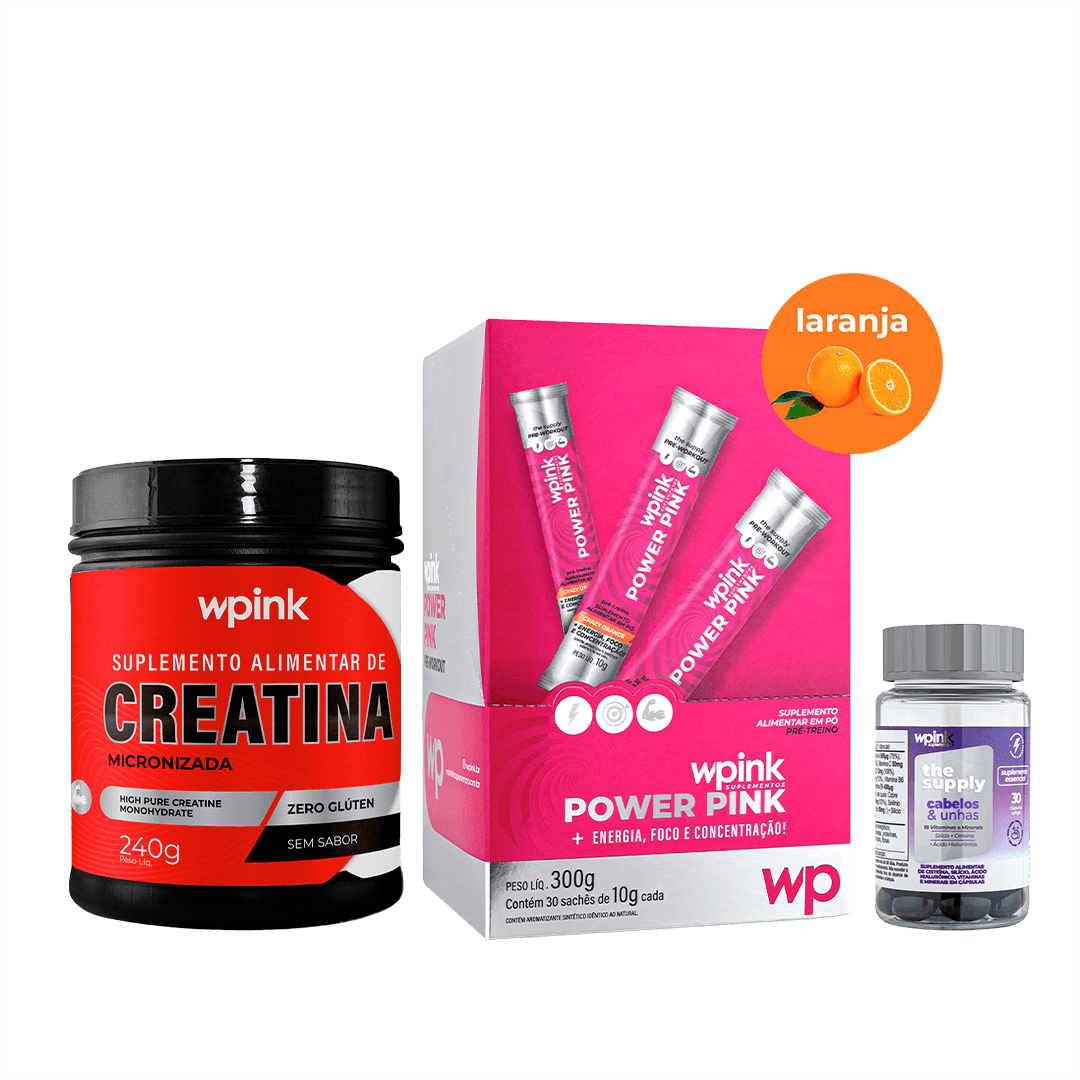 Pré-treino de laranja + creatina sem sabor + Cabelo e Unha